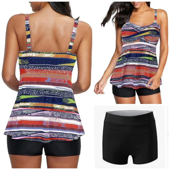 ‼️SOLD‼️ in BundleColorful Striped Tankini Swimsuit with Boyshort Tag 3XL Fit L - Picture 2 of 7